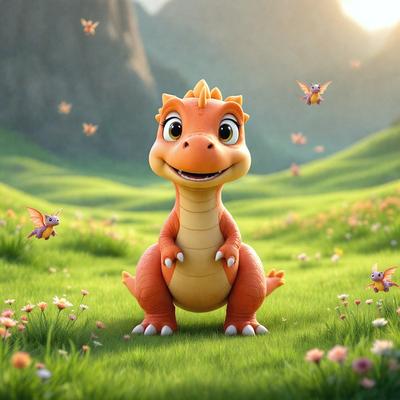 The primary subject of the image is a cartoon character, specifically a red dragon, standing in a grassy field. The setting is a lush green hillside with a sunny atmosphere. The visual style is a digital art or illustration, giving the image a vibrant and colorful appearance. The dominant colors are red and green, with the red dragon being the main focus of the scene.
